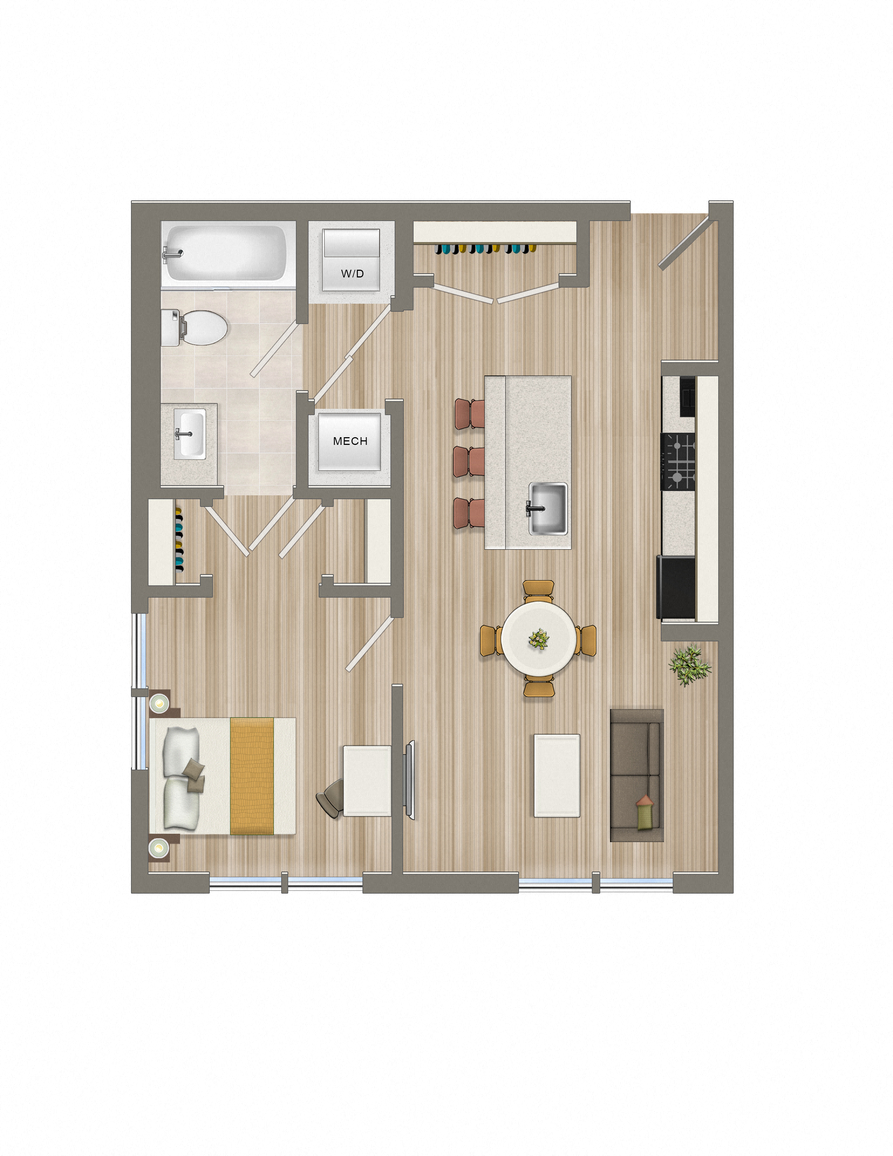Floor plan for 1 bed, 1 bath, 515 sqft